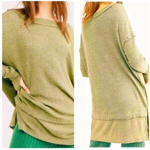 FP We the Free Green North Shore Thermal Waffle Knit Oversized Tunic Top Small